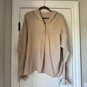 P. Cill long sleeve hooded pullover neutral beige gauze textured top
